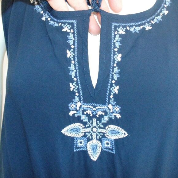 J. JILL Dress, L, Blue, Embroidered, Smocked waist, Sleeveless, Tie neckline - Picture 5 of 13